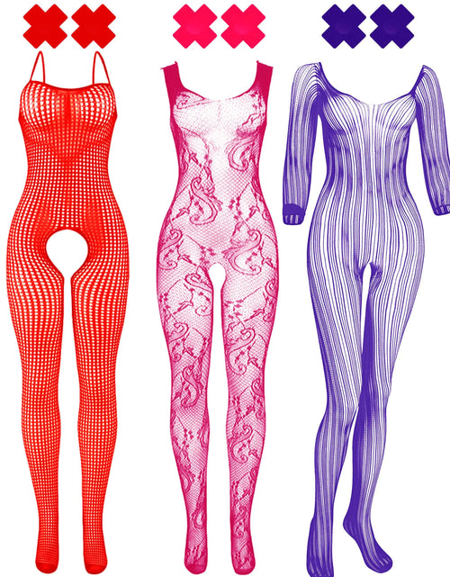 Cargar imagen en el visor de la galería, Tisancy 3 Piezas de lencería de rejilla para mujer Tallas grandes Lencería de malla Body para mujer Cubrepezones en forma de X (Rojo-Rojo Rosado-Morado)
