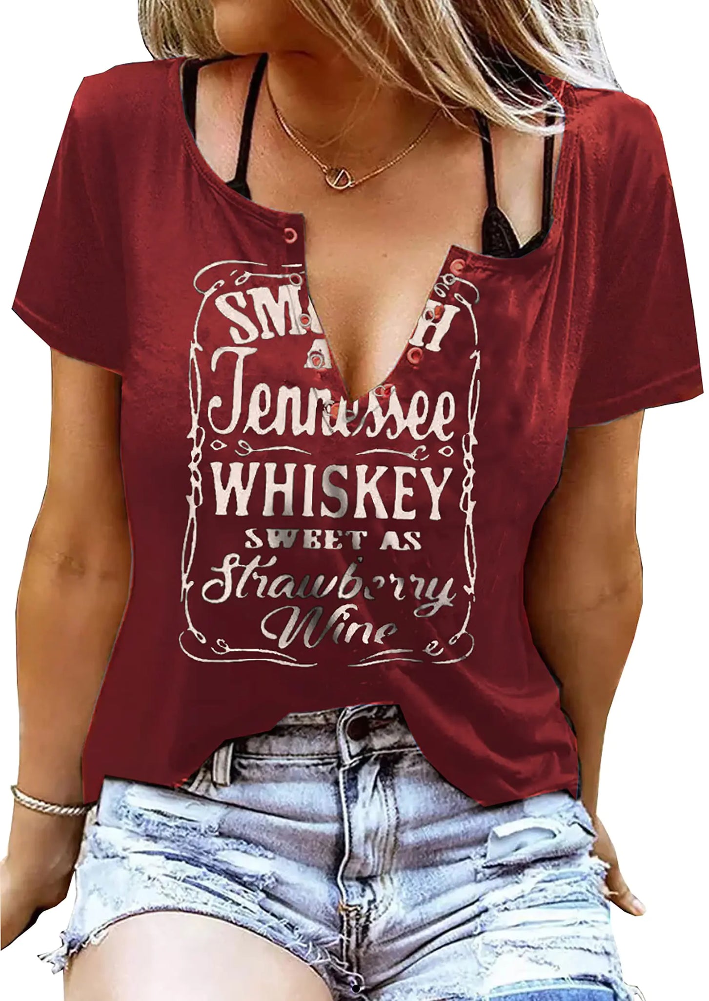 Smooth As Tennessee Whiskey Sweet As Strawberry Wine T-Shirt Women Sexy V-Neck Shirt Country Music Short Sleeve Shirt (Wine Red Medium)