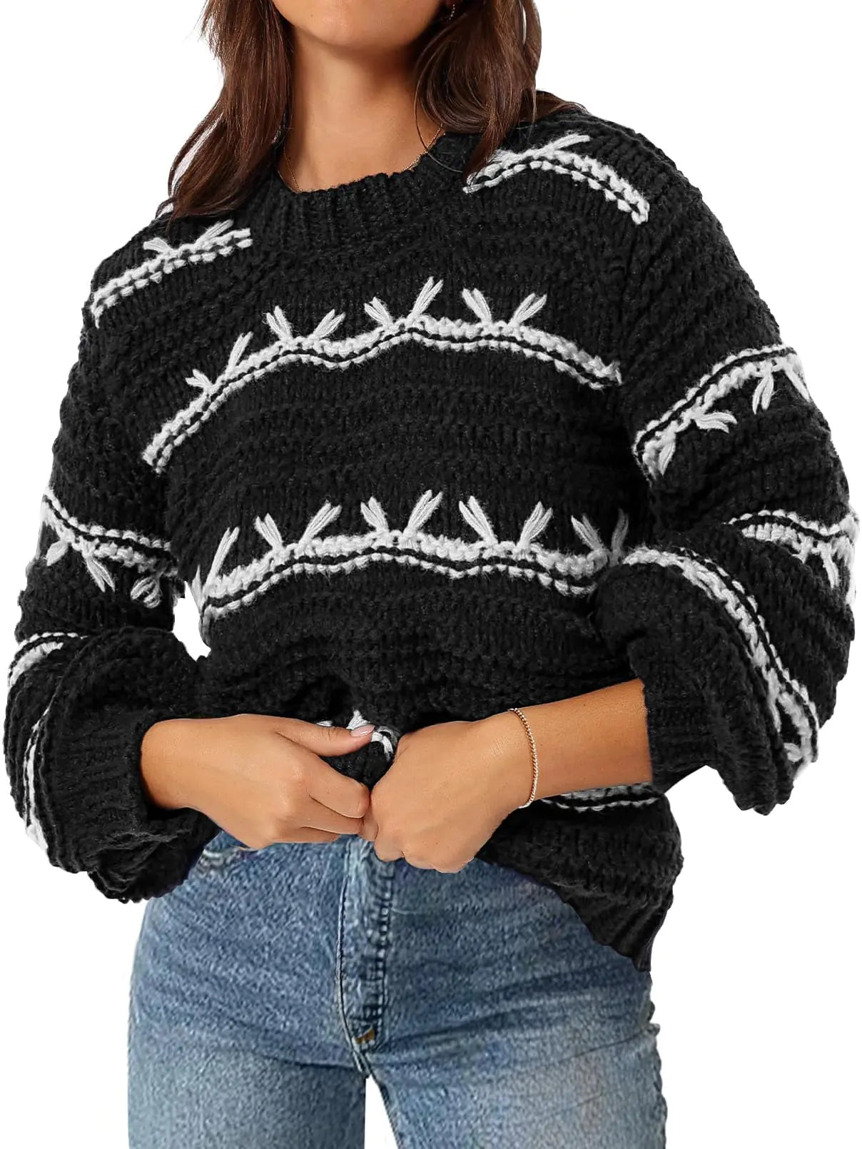 MEROKEETY Womens 2024 Long Sleeve Crew Neck Tops Casual Chunky Contrast Knit Pullover Sweaters Black S