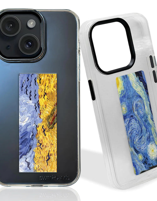 Cargar imagen en el visor de la galería, Fundas de iPhone con aro de dedo y correa para 15 Plus - Fundas de teléfono Loopy con agarres elásticos, funda de iPhone con carga inalámbrica y soporte - Agarres personalizables - Funda transparente de iPhone con Noche estrellada

