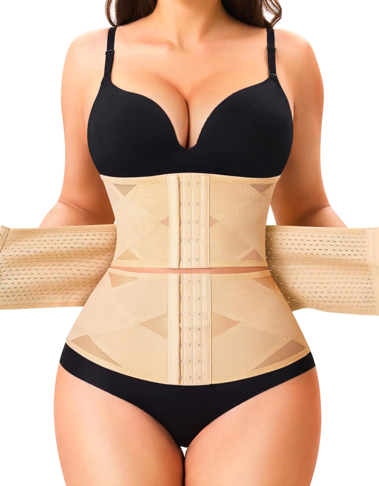 LODAY Waist Trainer for Women Corset Shapewear Tummy Control Body Shaper Cross Mesh Waist Cincher Postpartum Girdle(Beige Segmented BandX-Large)