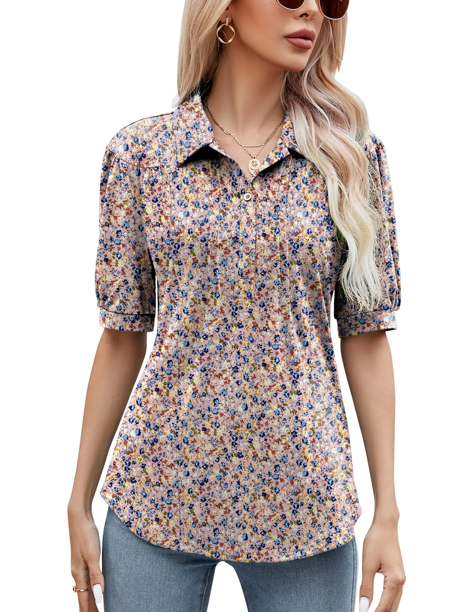 Womens Plus Size Tee Shirts Short Sleeve Button Down Blouses Tops Loose Casual Tunic Summer Work Polo Shirts Floral Pink XX-Large
