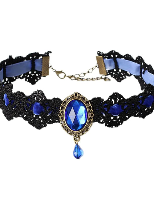 Load image into Gallery viewer, IS4U Gothic Lace Choker Necklace Vintage Crystal Gem Necklace Lace Necklace Goth Necklace Victoria Vampire Bat Crystal Necklace Holiday Party Halloween Costume Jewelry for Women (Blue)
