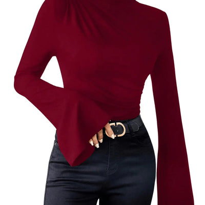 GORGLITTER Womens Flare Long Bell Sleeve Ruched Tee Tops Solid Stand Collar Tee Shirts Burgundy Medium