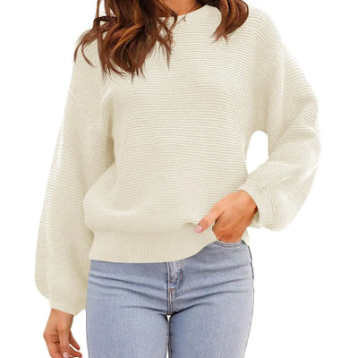ARTFREE Suéter de punto acanalado de cuello redondo para mujer, manga farol, informal, holgado, para otoño e invierno, jerséis, tops, blanco