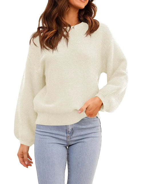Cargar imagen en el visor de la galería, ARTFREE Suéter de punto acanalado de cuello redondo para mujer, manga farol, informal, holgado, para otoño e invierno, jerséis, tops, blanco
