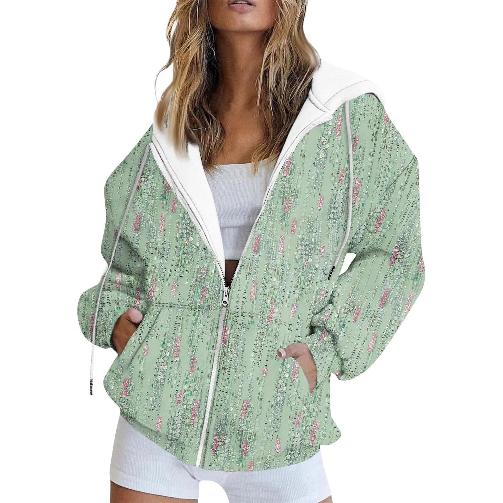 Atuendos festivos para mujer 2024 Suéter con capucha de manga larga con cordón tipo Sherpa, top brillante con purpurina para playa, sudadera con capucha gruesa con cremallera y bolsillo para mujer, ropa de otoño e invierno 06Verde menta XL