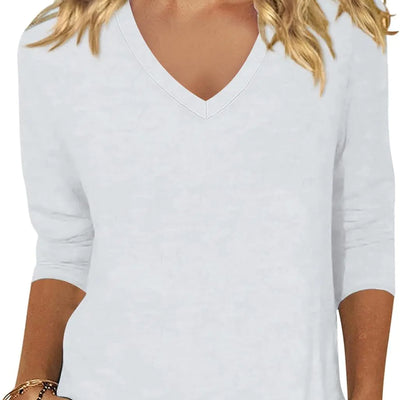 Woffccrd Womens Casual 3/4 Sleeve Shirts Sexy V Neck Tee Shirts Solid Color Basic Top Blouses (SWhite)