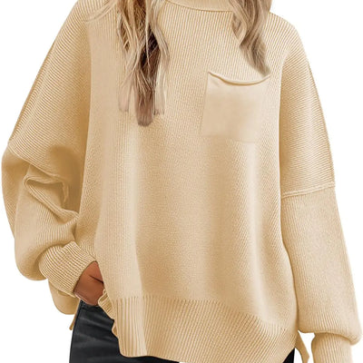 Suéteres extragrandes para mujer LCRRRN 2024 Otoño Cuello redondo Manga larga Tejido acanalado Tipo murciélago Jerseys (Albaricoque Crema XXL)