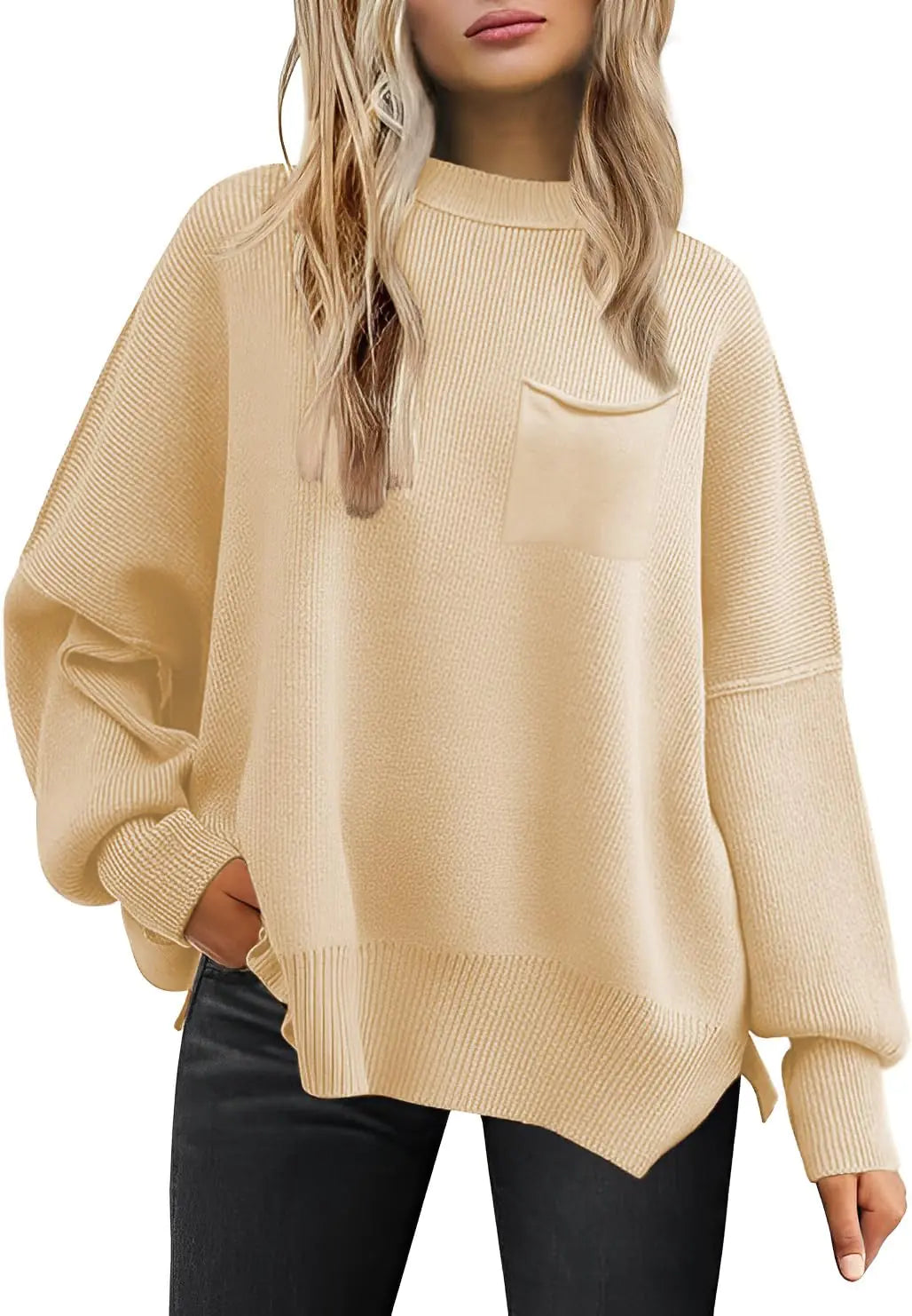 Suéteres extragrandes para mujer LCRRRN 2024 Otoño Cuello redondo Manga larga Tejido acanalado Tipo murciélago Jerseys (Albaricoque Crema XXL)