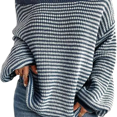 Fronage Oversized Striped Sweaters for Women Fall Fashion 2024 Casual Off The Shoulder Sweater Blue