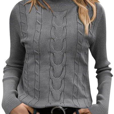 QACOHU Suéteres de cuello alto de punto trenzado de manga larga para mujer, gris M