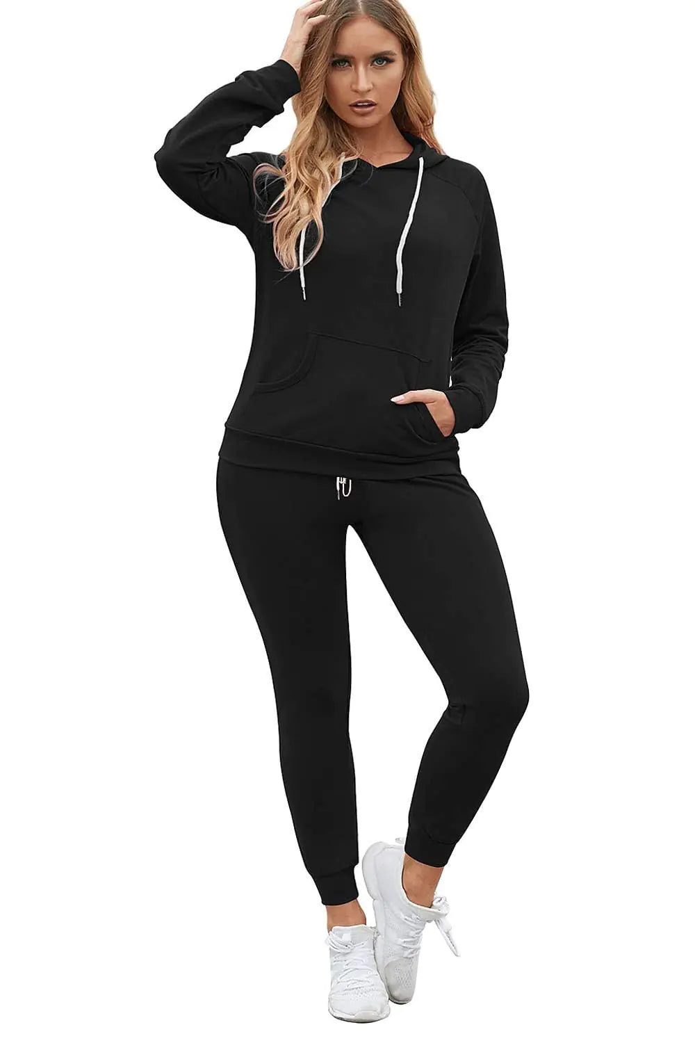 Fixmatti Women Casual Hoody Pullover Sweater Running Pant 2PCS Sweatsuit Black XL
