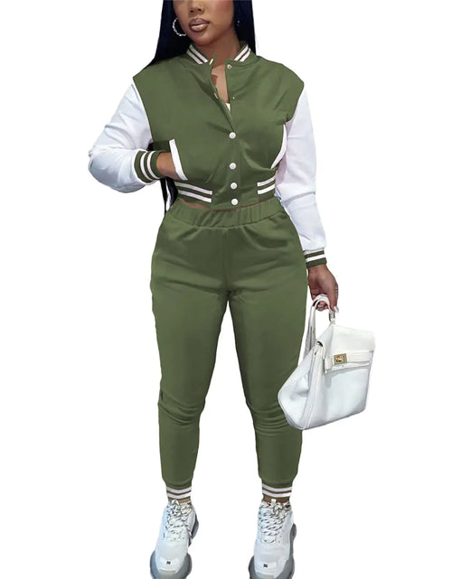 Cargar imagen en el visor de la galería, Conjunto de 2 piezas para mujer, chaqueta de béisbol estilo universitario, uniforme deportivo, chándal.
