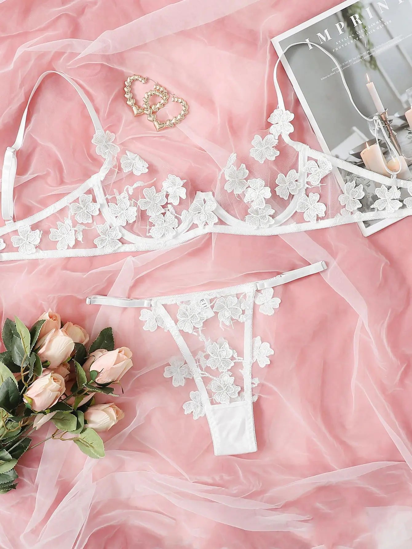 Ensemble de lingerie florale brodée en dentelle pour femme