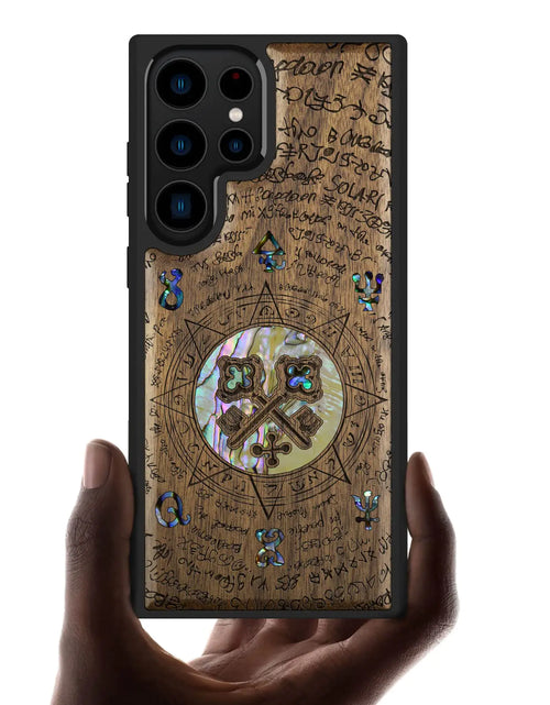 Load image into Gallery viewer, Carveit Designer Wooden Case for Samsung Galaxy S23 Ultra Case Cover [Wood Engraving &amp; Shell Inlay] Wood Phone Case Compatible with Wireless Chargers Galaxy S23 Ultra Case (Shiny Key-Walnut)
