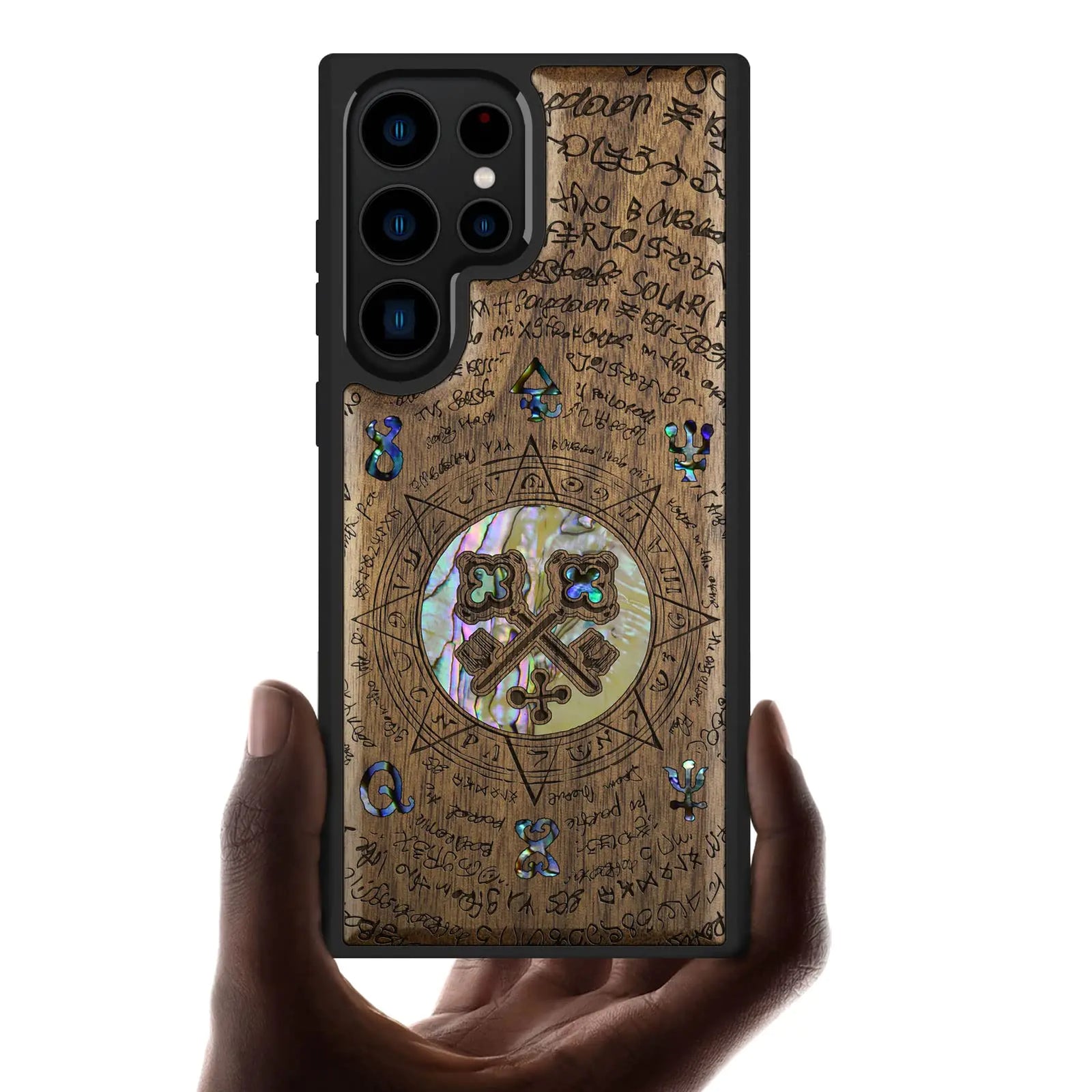 Carveit Designer Wooden Case for Samsung Galaxy S23 Ultra Case Cover [Wood Engraving & Shell Inlay] Wood Phone Case Compatible with Wireless Chargers Galaxy S23 Ultra Case (Shiny Key-Walnut)