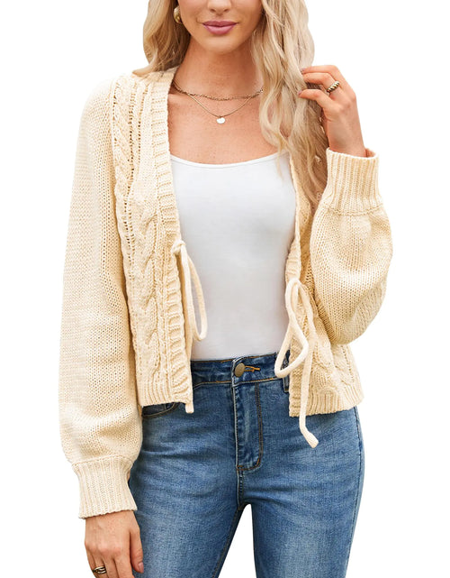Load image into Gallery viewer, Honwenle Womens Cardigan Sweaters 2024 Oversized Open Front Tie Long Sleeve Short Cardigans Knit Outerwear Fall Outfits Beige
