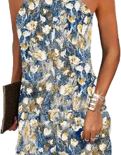 Load image into Gallery viewer, Kubsid Size S Blue Oil Painting Halter Dresses for Women 2025 Casual Floral Print Summer Dresses Hollow Out A-line Sundresses for Beach Vacation Holiday
