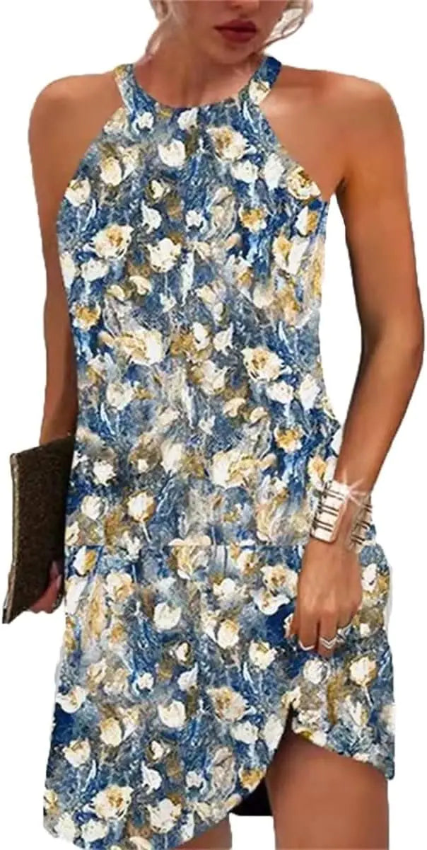 Kubsid Size S Blue Oil Painting Halter Dresses for Women 2025 Casual Floral Print Summer Dresses Hollow Out A-line Sundresses for Beach Vacation Holiday