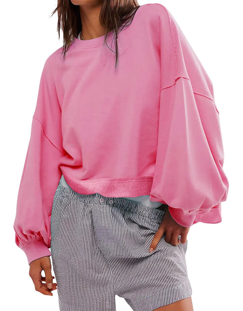 Cargar imagen en el visor de la galería, Sudadera extragrande de cuello redondo para mujer Taurus, jerséis de moda para mujer, blusas de otoño de manga larga tipo farol (rosa XL)
