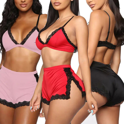 Ensemble de Lingerie et Vêtements de Nuit en Dentelle à Col V Plongeant pour Femme