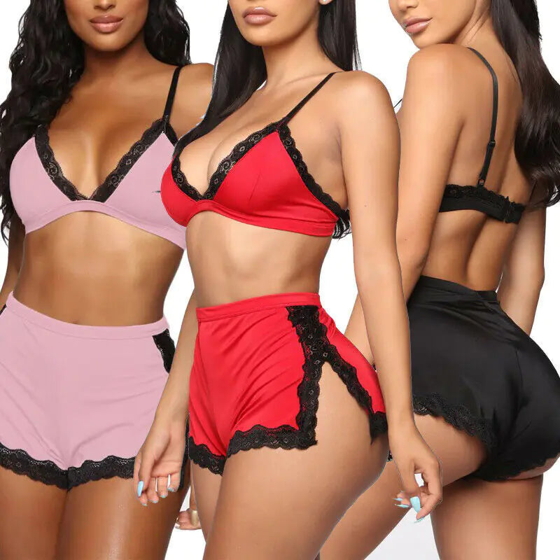 Ensemble de Lingerie et Vêtements de Nuit en Dentelle à Col V Plongeant pour Femme