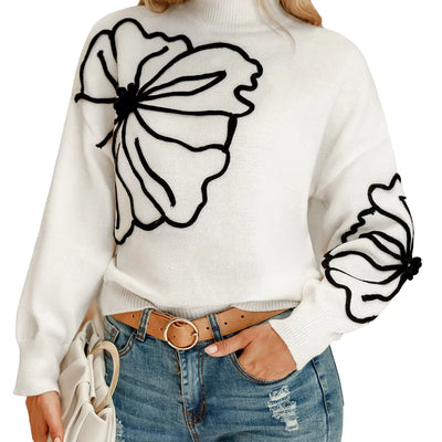 CUPSHE Womens Long Sleeve Sweater 2024 Fall Turtleneck Floral Pullover Sweaters Tops White L