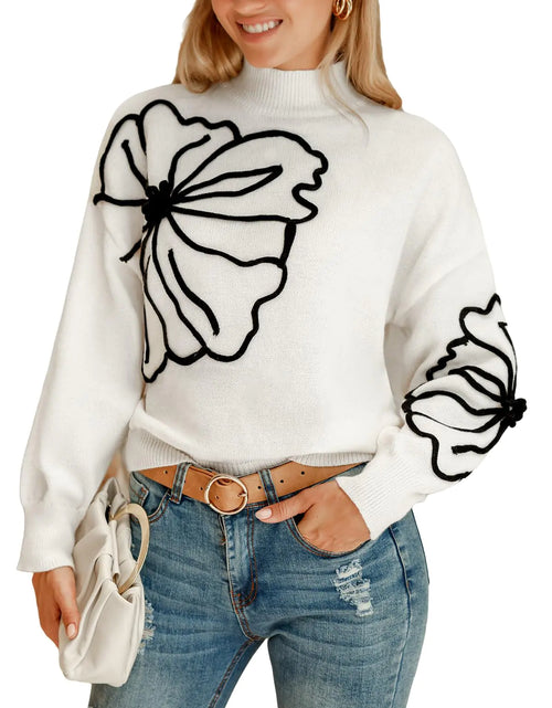 Cargar imagen en el visor de la galería, CUPSHE Suéter de manga larga para mujer, otoño 2024, cuello alto, floral, jerséis, tops, blanco L
