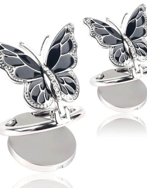 Cargar imagen en el visor de la galería, Soporte de anillo para celular MLUOVI, lindo agarre de teléfono de mariposa, rotación de 360°, soporte de agarre de metal para teléfono, anillo de teléfono negro universal, anillo ajustable para la parte posterior del teléfono, negro, 2 piezas
