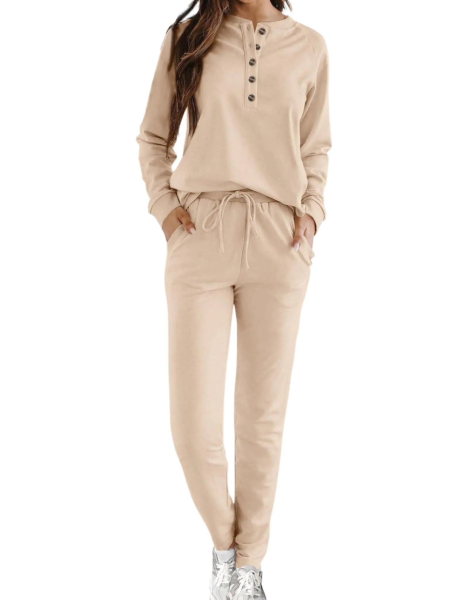 KIRUNDO Conjunto de 2 Piezas para Mujer, Sudaderas de Otoño-Invierno 2024 con Botones Henley y Pantalones con Cordón, Conjuntos de Salón con Bolsillos (Caqui Mediano)