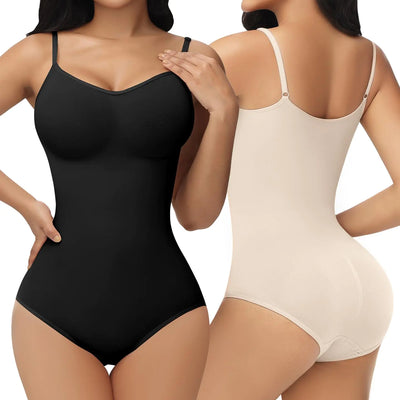 SHAPSHE Paquete de 2 Bodys para Mujer Fajas Talla Grande de Una Pieza para Entrenamiento con Fajas de Cintura Fupa Control de Abdomen Fajas para Grasa de Espalda Levantamiento de Glúteos con Cuello en V Negro Crema