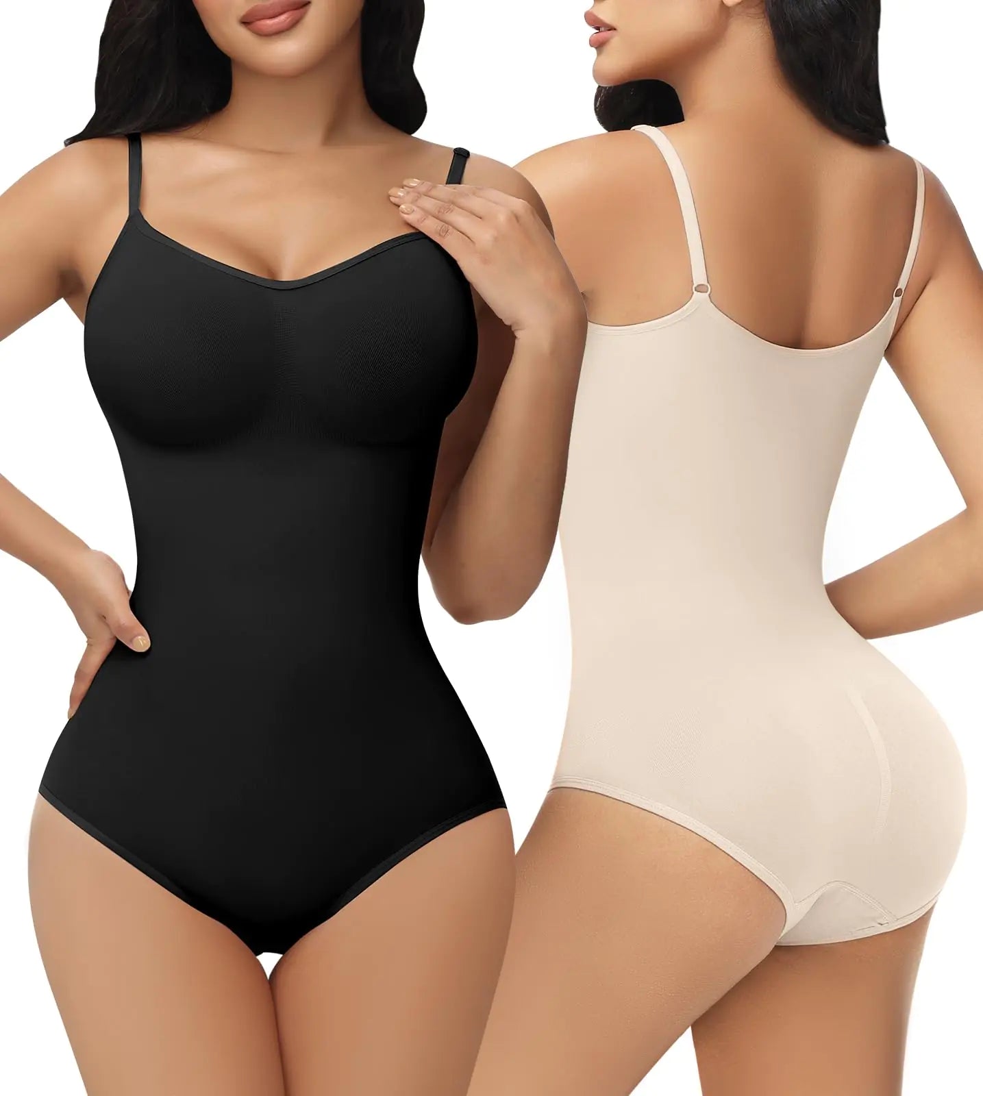 SHAPSHE Lot de 2 bodys pour femme, gaine amincissante grande taille, body une pièce, entraînement, amincissant la taille, contrôle du ventre, graisse dorsale, bas du ventre, rehausse les fesses, col en V, noir crème