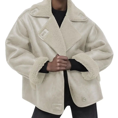 chouyatou Womens Winter Sherpa Lined Faux Leather Jacket Casual Motorcycle Oversized Leather Jacket (Large Beige)