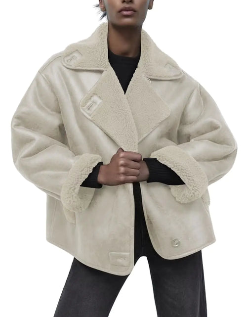 Load image into Gallery viewer, chouyatou Womens Winter Sherpa Lined Faux Leather Jacket Casual Motorcycle Oversized Leather Jacket (Large Beige)
