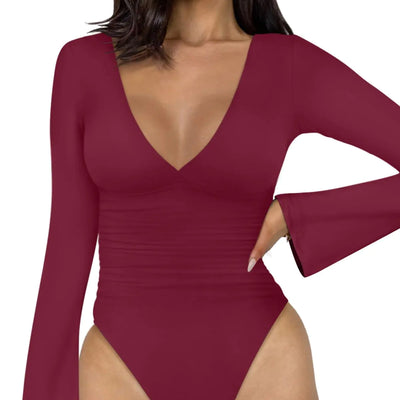 REORIA Body elástico de manga larga acampanada con cuello en V para mujer, doble forro, moderno (borgoña, talla M)