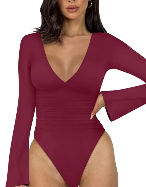 Load image into Gallery viewer, REORIA Womens V Neck Bell Long Sleeve Bodysuits Comfy Double Lined Trendy Body Suits(Burgundy Medium)
