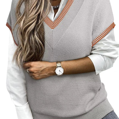 Dokotoo Chaleco de suéter extragrande a rayas de manga corta para mujer, conjuntos de otoño para mujer 2024, suéteres con cuello en V para mujer, suéteres tipo túnica casuales, tops gris medio