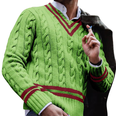 Makkrom Mens V Neck Pullover Sweaters Ribbed Knitted Cable Slim Fit Pullovers Top Green