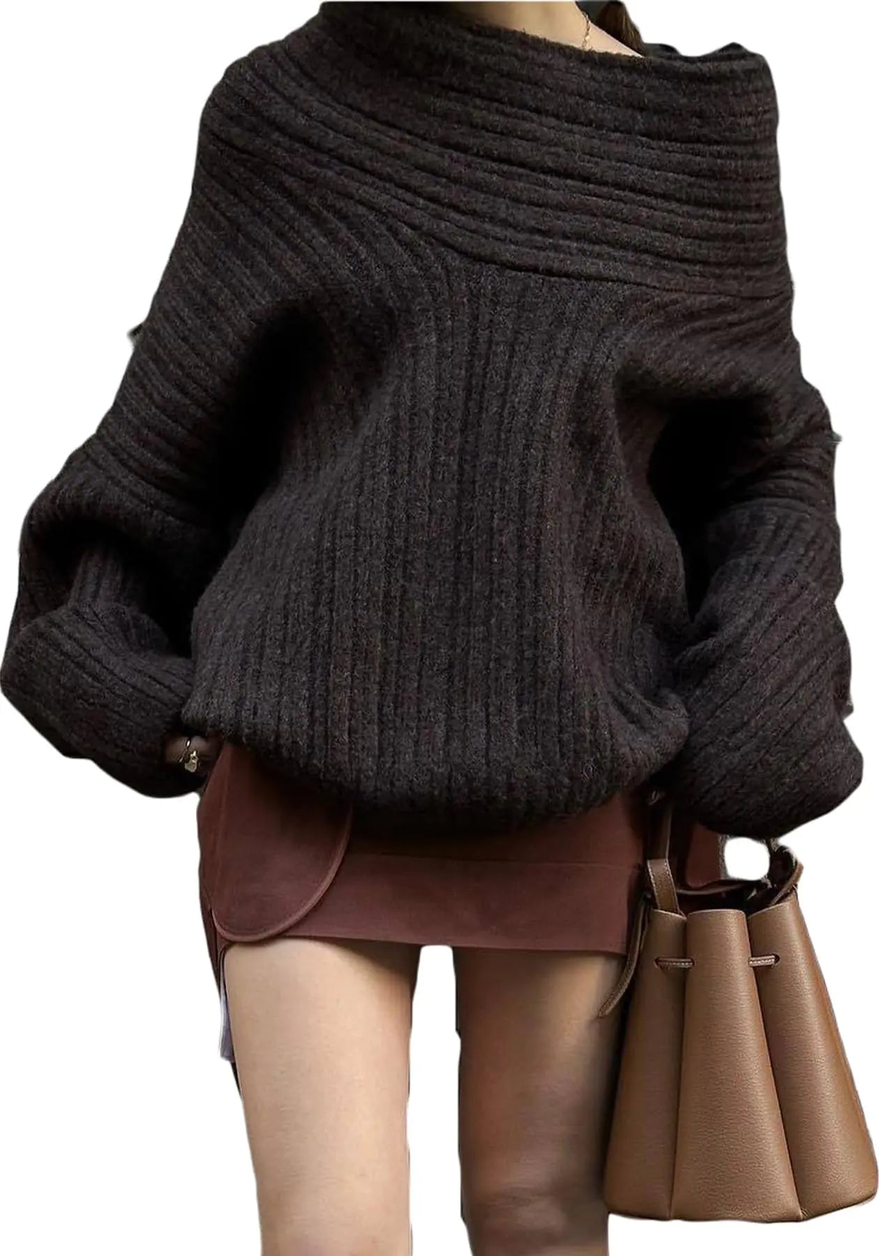 Kwunbwa Womens Off The Shoulder Sweater Oversized Batwing Long Sleeve Loose Chunky Knit Pullover Sweaters Top Brown