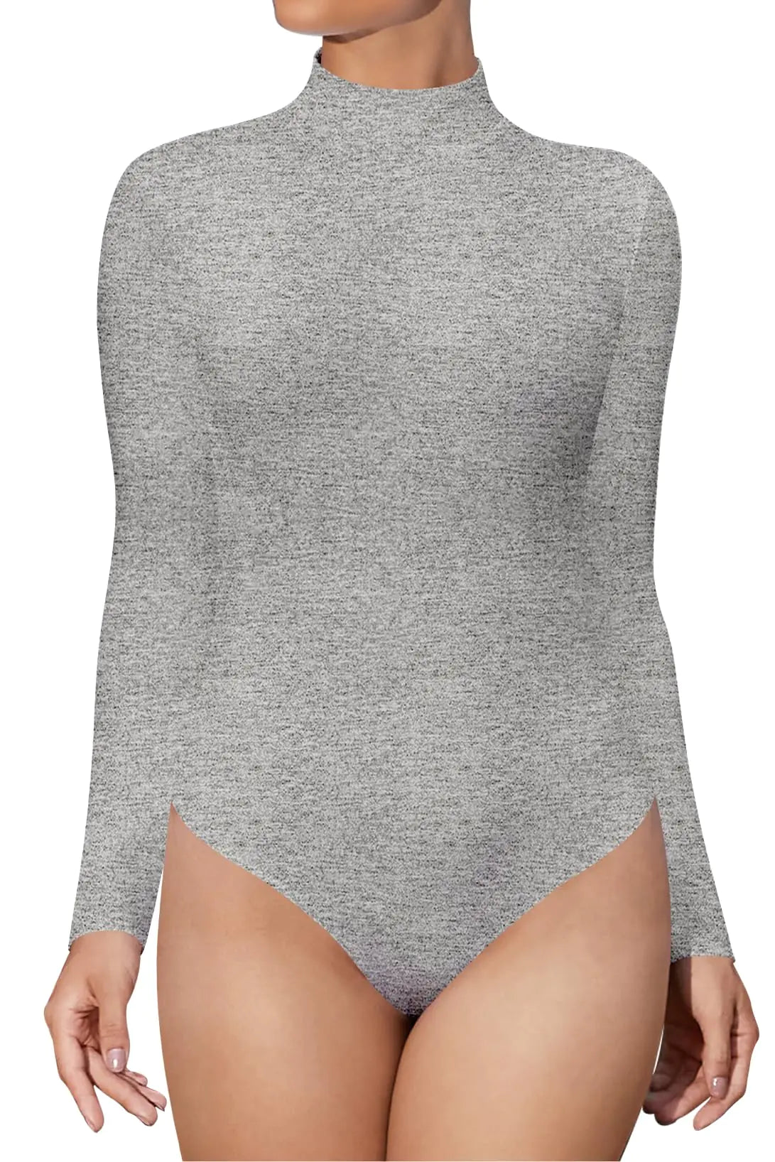 SHEIUGU Mock Neck Turtleneck Long Sleeve Bodysuits for Women Basic Ribbed Bodysuit (Long Sleeve Heather GreyX-Large)