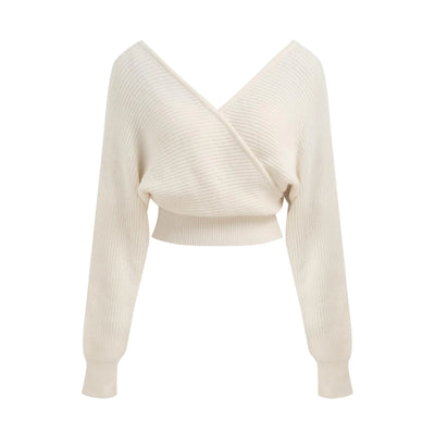 CIDER Cropped Sweaters for Women V Neck Wrap Cross Front Solid Knit Pullover Long Sleeve Tops: Ivory M