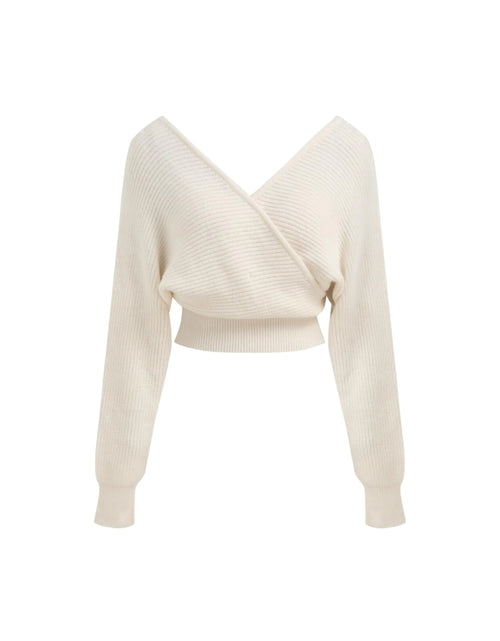 Load image into Gallery viewer, CIDER Cropped Sweaters for Women V Neck Wrap Cross Front Solid Knit Pullover Long Sleeve Tops: Ivory M
