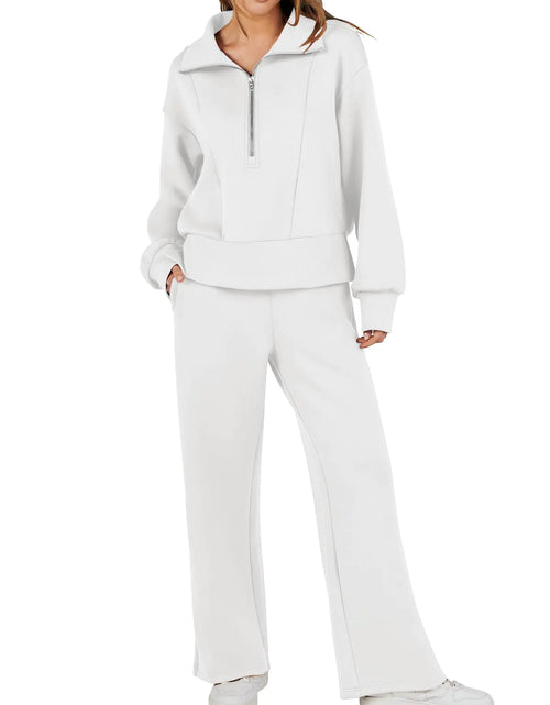 Load image into Gallery viewer, ANRABESS Womens 2 Piece Sweatsuits Half Zip Sweatshirt Sweatpant Two Piece Outfits Fall Tracksuit Sweat Lounge Matching Sets White Large
