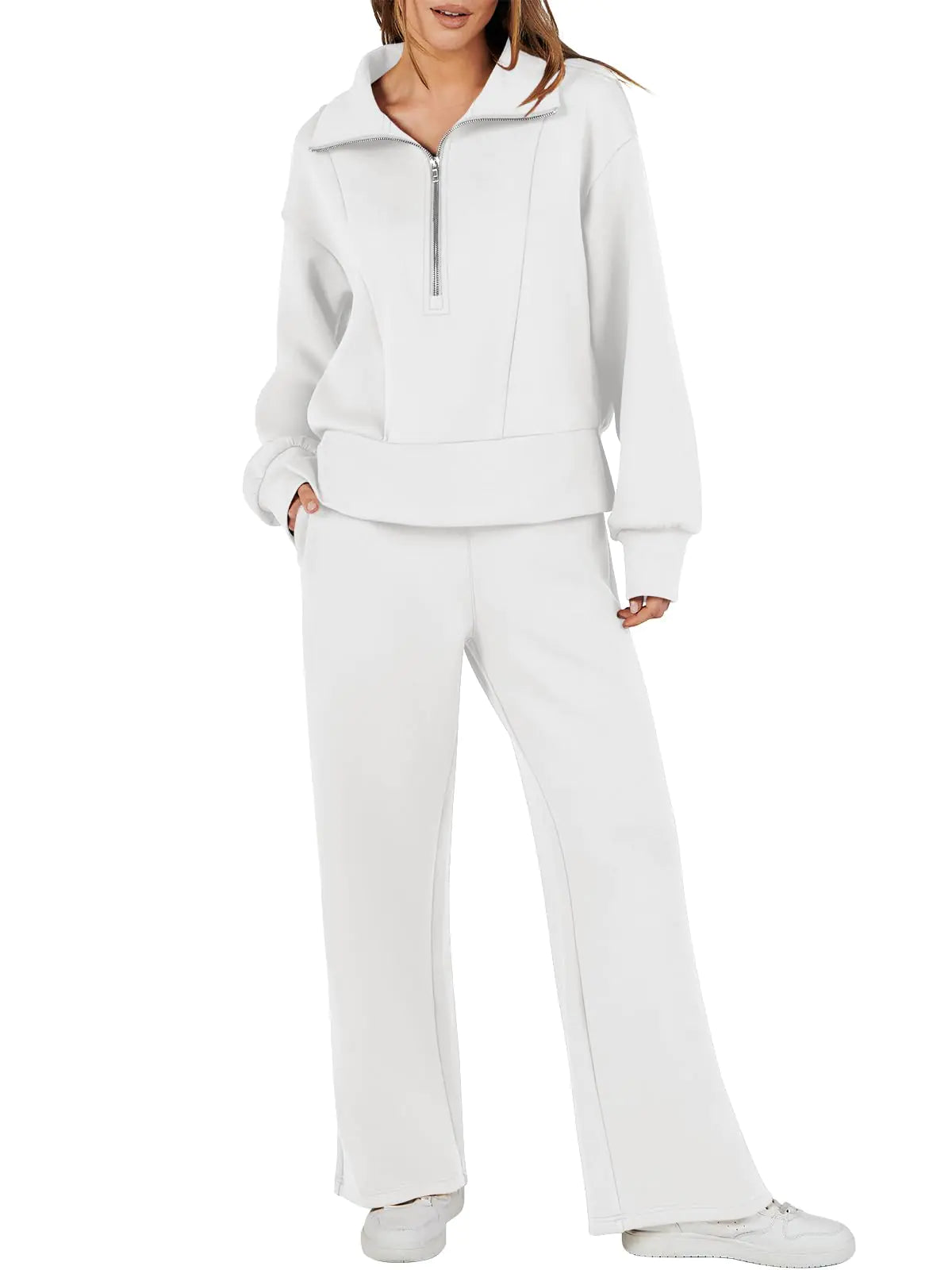 ANRABESS Womens 2 Piece Sweatsuits Half Zip Sweatshirt Sweatpant Two Piece Outfits Fall Tracksuit Sweat Lounge Matching Sets White Large