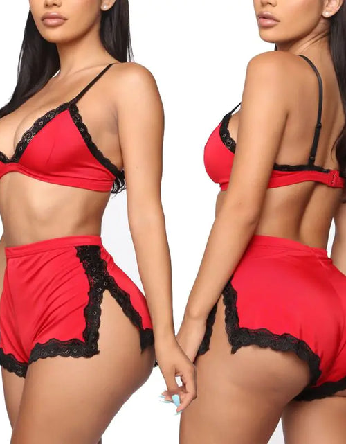 Charger l'image dans la visionneuse de galerie, Ensemble de Lingerie et Vêtements de Nuit en Dentelle à Col V Plongeant pour Femme
