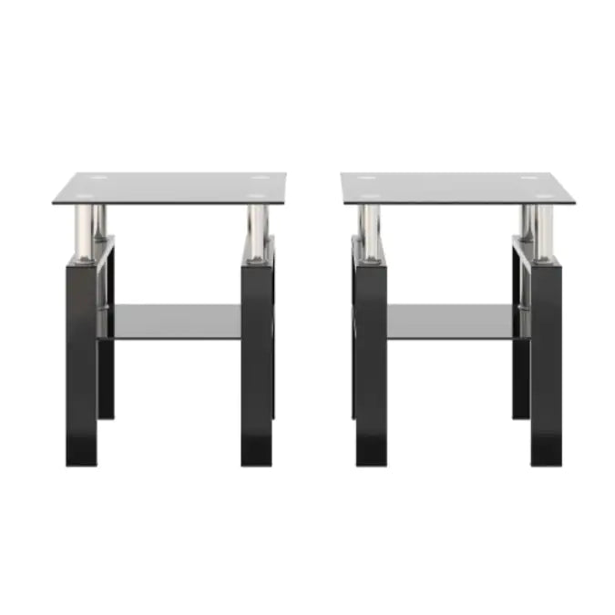 Juego de 2, mesa de té, mesa de centro, mesa auxiliar de cristal templado moderno, mesa cuadrada para sala de estar, negro