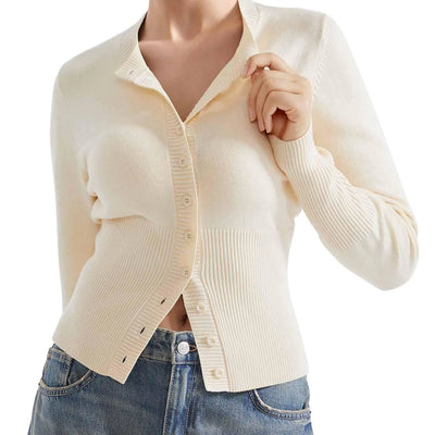 SUUKSESS Cárdigan de punto acanalado con botones y cuello redondo para mujer, ajuste entallado (Beige XL)