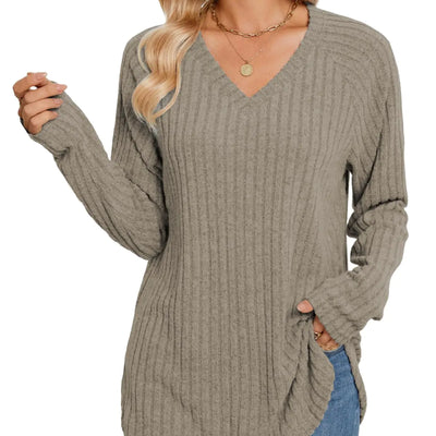 YunJey Womens V-neck Long Sleeve Shirts Light Weight Sweaters Fall Tops Casual Loose Tunics Coffee