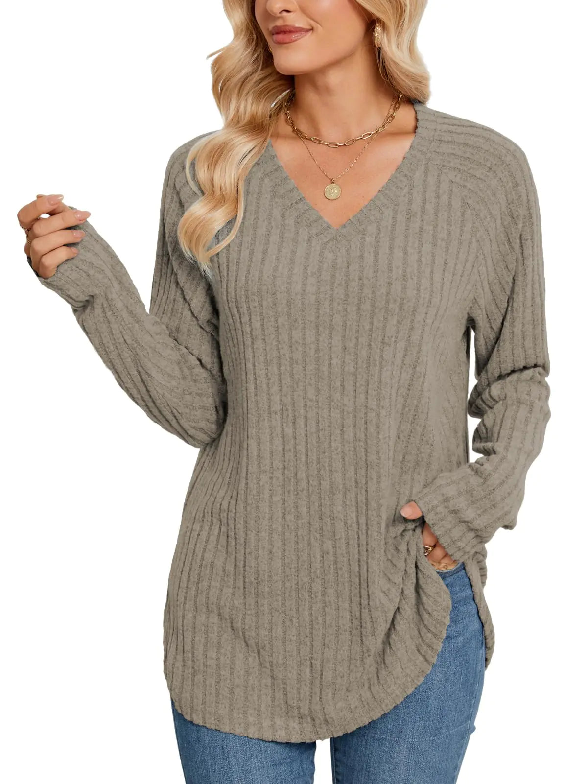 YunJey Womens V-neck Long Sleeve Shirts Light Weight Sweaters Fall Tops Casual Loose Tunics Coffee